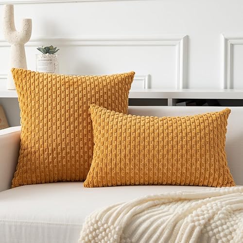 Vista 82 de Kevin Textile - Juego de 2 fundas decorativas para cojines, de pana y con moderno estilo campestre bohemio a rayas para decorar hogar, sofá, cama