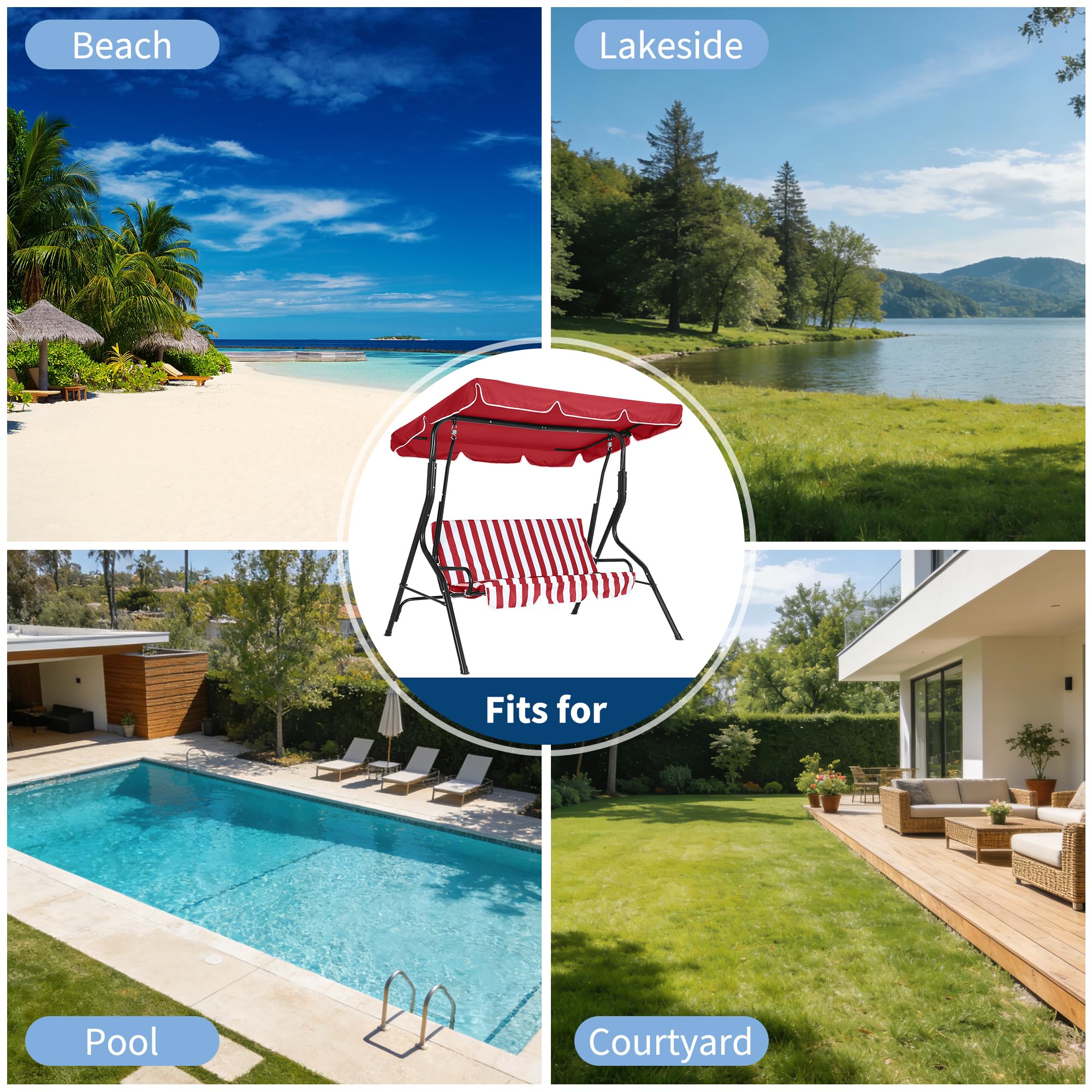 Garvee 3-Sitzer Garten Hollywoodschaukel – Verstellbares Sonnendach, wetterfest & UV-beständig, robuste Stahlkonstruktion, Dicke abnehmbare Kissen, rutschfeste Füße, Outdoor Schaukelstuhl – Rot-Weiß