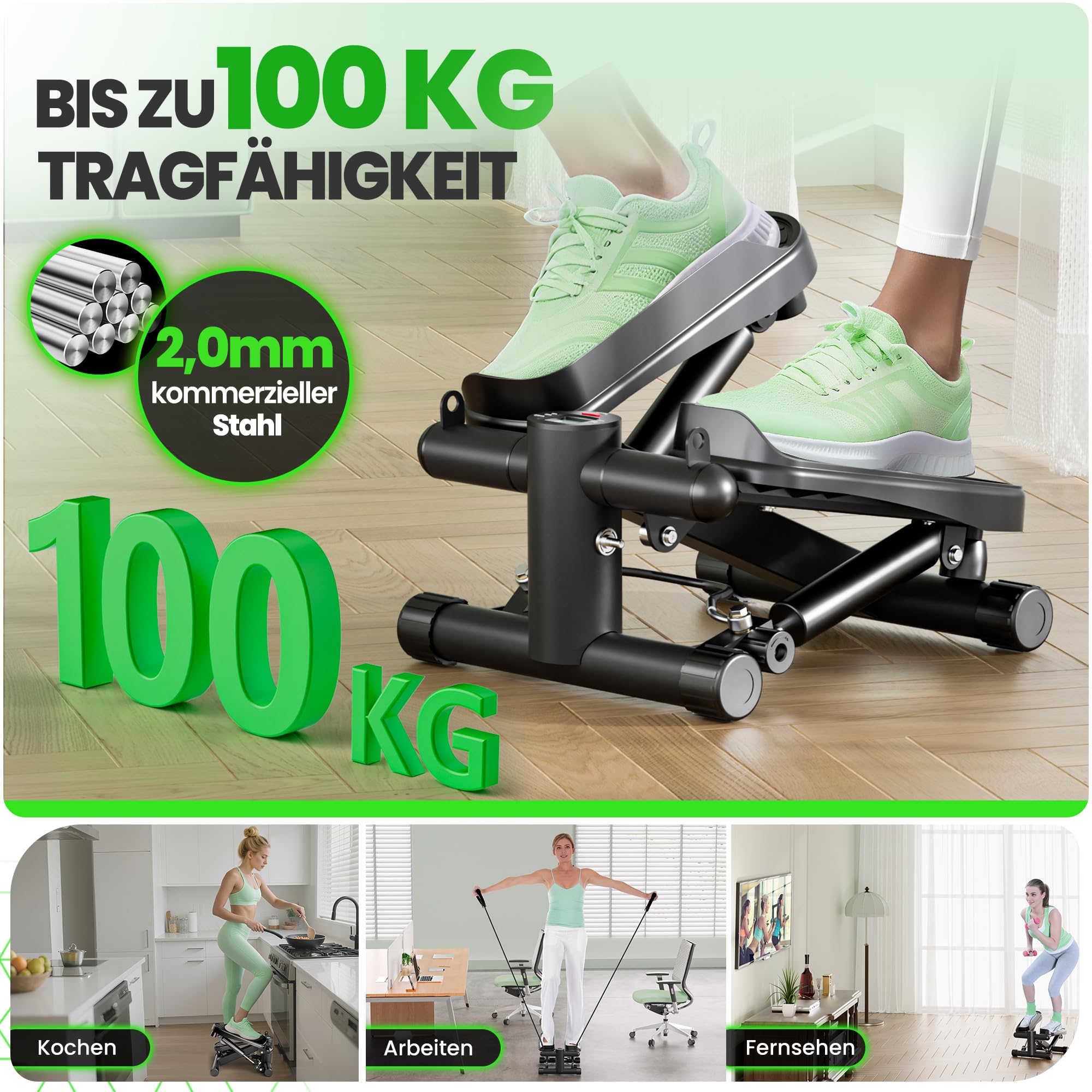 Ultrasport Stepper für Zuhause I Mini Stepper Fitness, 2 in 1 Up-Down Swing Stepper mit Power Ropes und LCD Display I Fitness Stepper für Zuhause, Ministepper