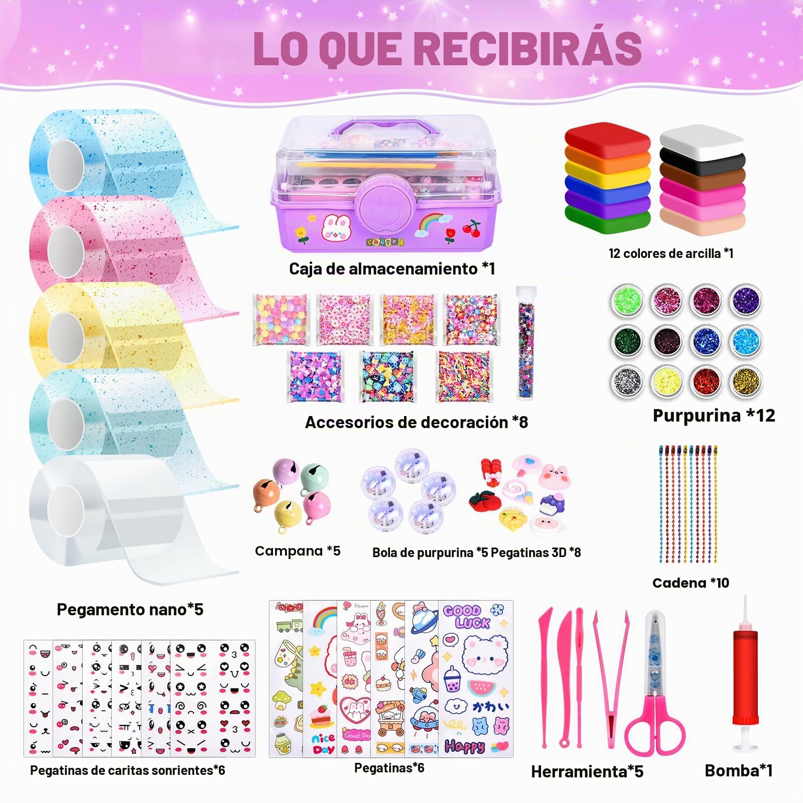 Charmofun 96 Piezas Nano Tape DIY Creativo Kit Manualidades para Niños, 5 Cintas Nano Tape + 91 Accesorios Burbujas