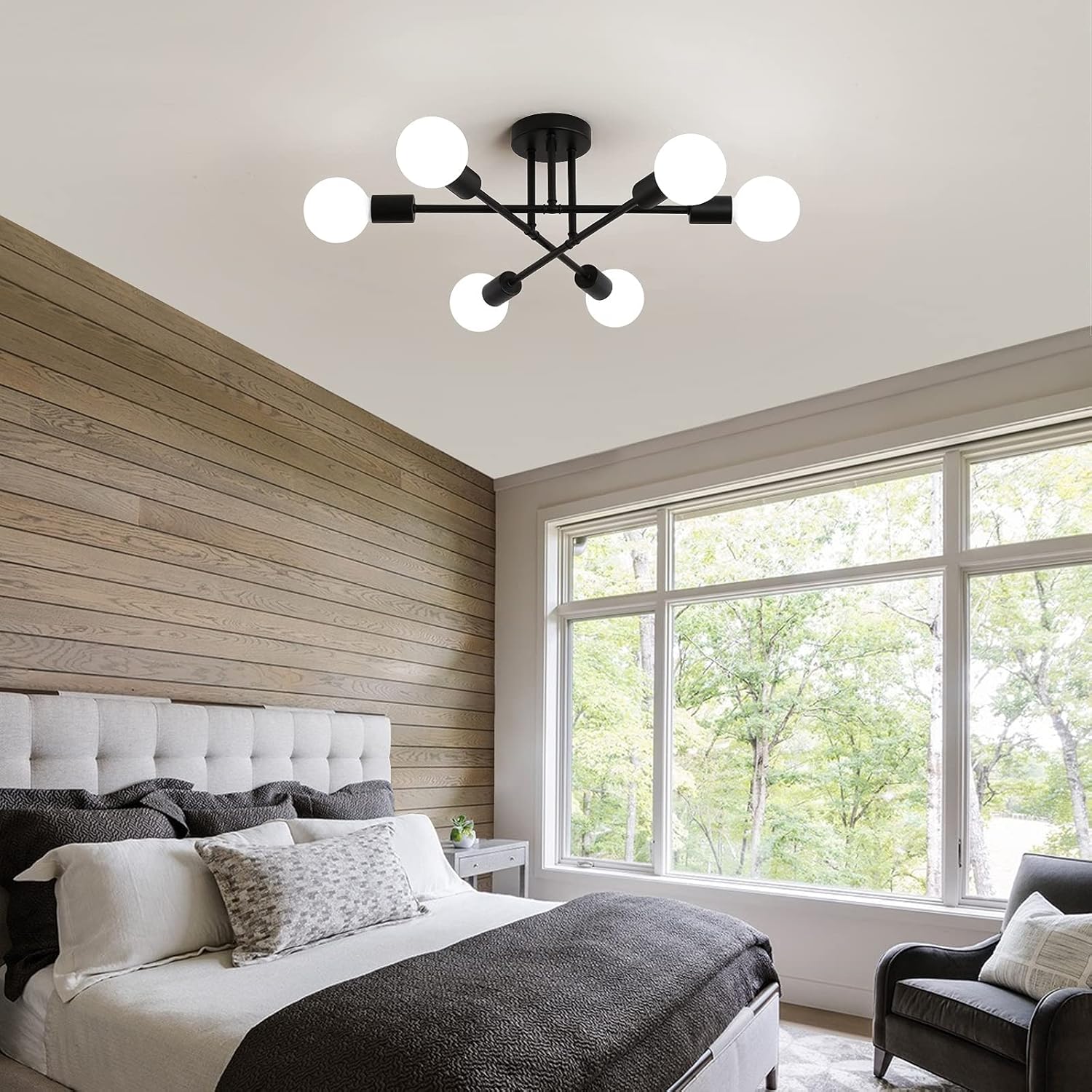 MEIXISUE Black Modern Sputnik Chandelier Ceiling Light Fixtures,6-Lights Industrial Metal Semi Flush Mount Ceiling Light for Bedroom Dining Room Living Room Kitchen Hallway UL Listed