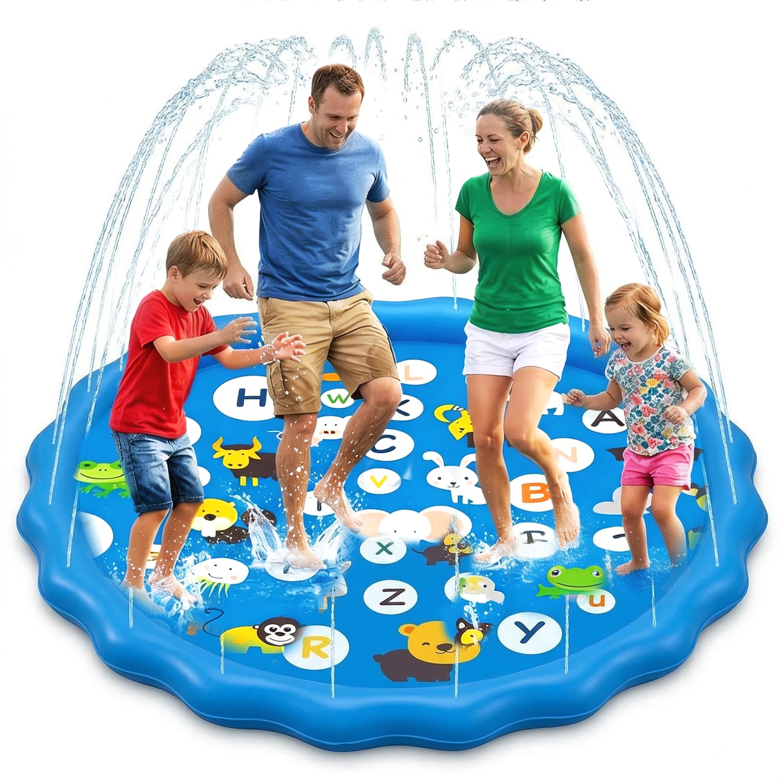 Tapis Jet d’Eau 170cm Splash Pad pour Enfants et Chiens avec 3 Hauteurs de Jet Réglables Tapis de Pulvérisation d’Eau Motif Fleur Bleu Ciel, Jeux d’Eau Extérieur pour Jardin Été Cadeau