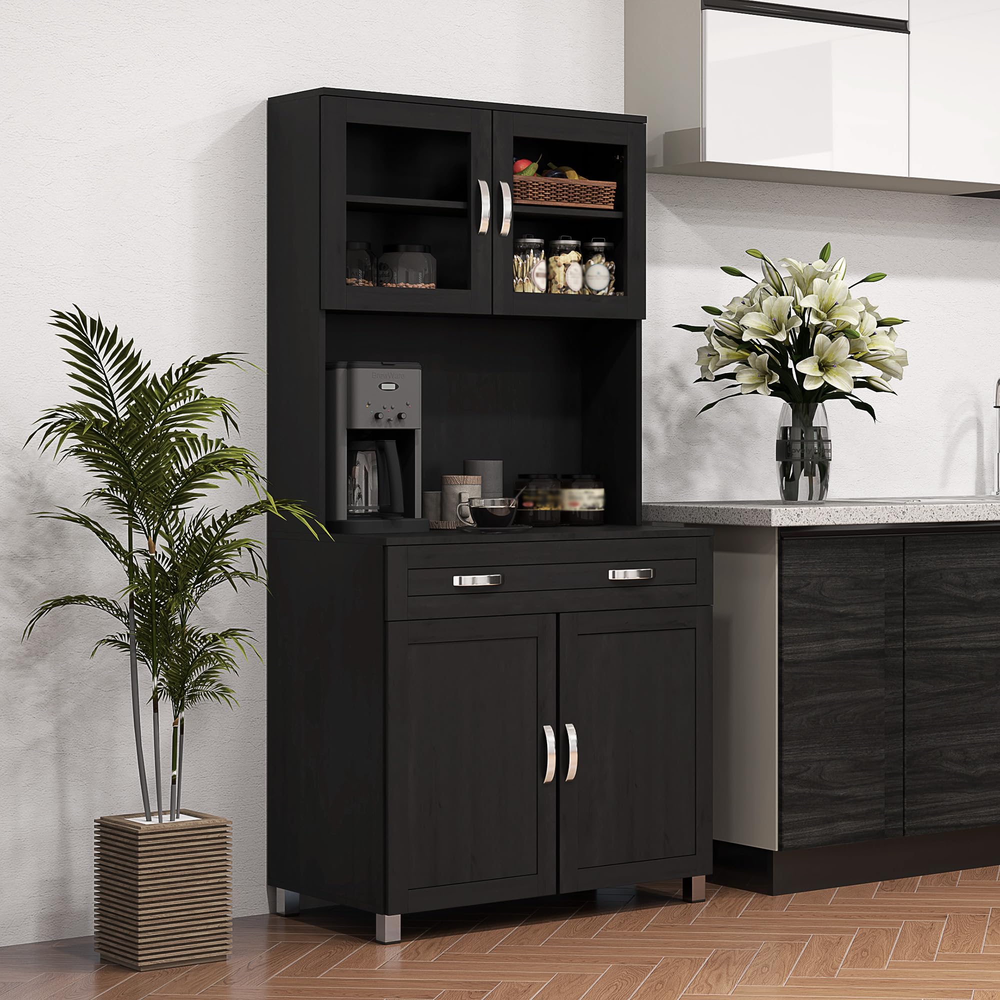 HOMCOM Buffet Haut Cuisine, Armoire de Cuisine, Tiroir, 80x48x170cm, Noir | Vaisselier, 4 Portes Dont 2 en Verre, Plan de Travail, Étagères Réglables, Meuble de Rangement pour Salon Salle à Manger