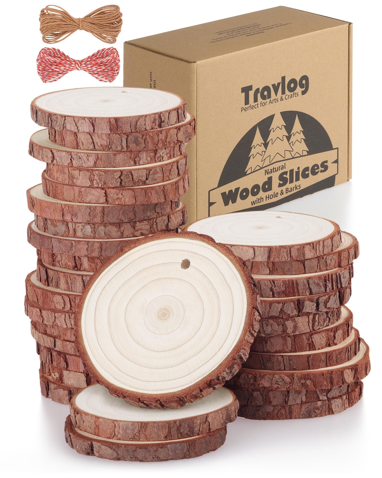 Travlog Rodajas de madera sin terminar con agujero, círculos de madera natural en blanco con corteza para manualidades, decoración del hogar, adorno navideño, 30 piezas, 2, 4, 2, 8 pulgadas