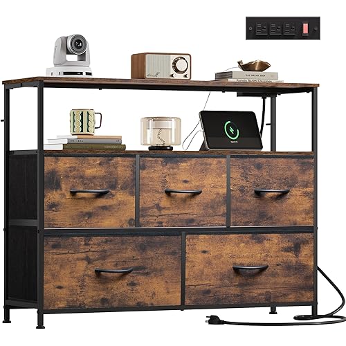 WLIVE Dresser for Bedroom, 5 Drawer Dressers with Charging Station, Fabric Chest of Drawers with Open Shelves, Storage Dresser for Living Room, Closet, Entryway, Rustic Brown Wood Grain Print