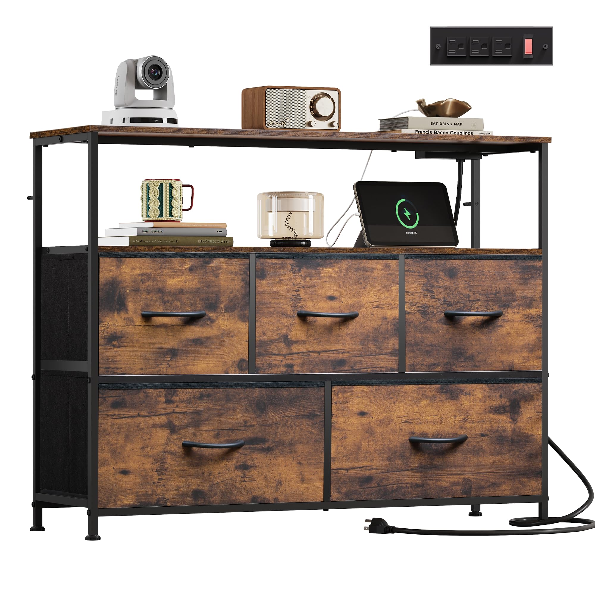 WLIVE Dresser for Bedroom, 5 Drawer Dressers with Charging Station, Fabric Chest of Drawers with Open Shelves, Storage Dresser for Living Room, Closet, Entryway, Rustic Brown Wood Grain Print