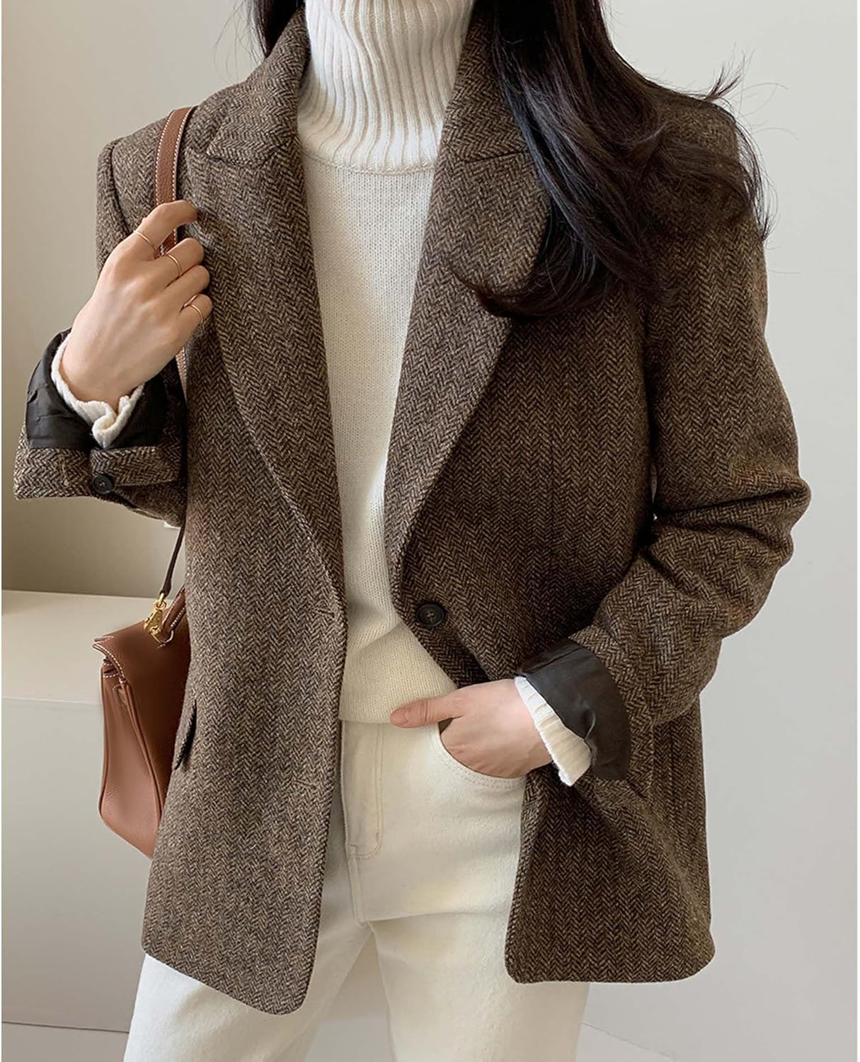 SOMTHRON Women's Herringbone Wool Blend Coat Single Breasted Long Sleeve Fall Winter Work Business Blazer Jacket - Image 5