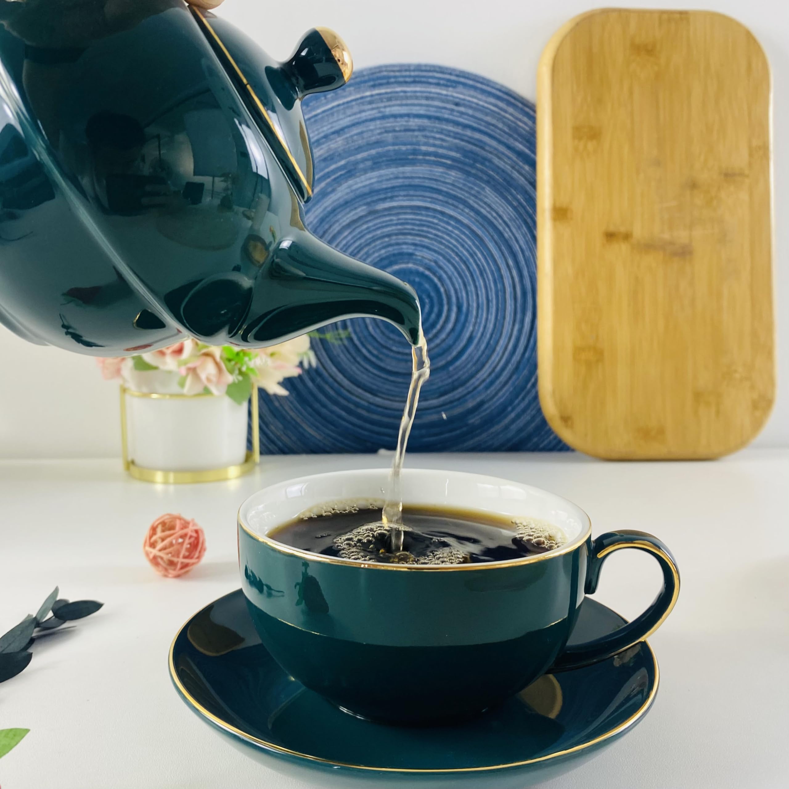 YBK Tech Euro Style - Juego de tetera y platillo de té para un juego de té de porcelana de hueso, taza de té de cerámica para desayuno en casa cocina – verde pavo real