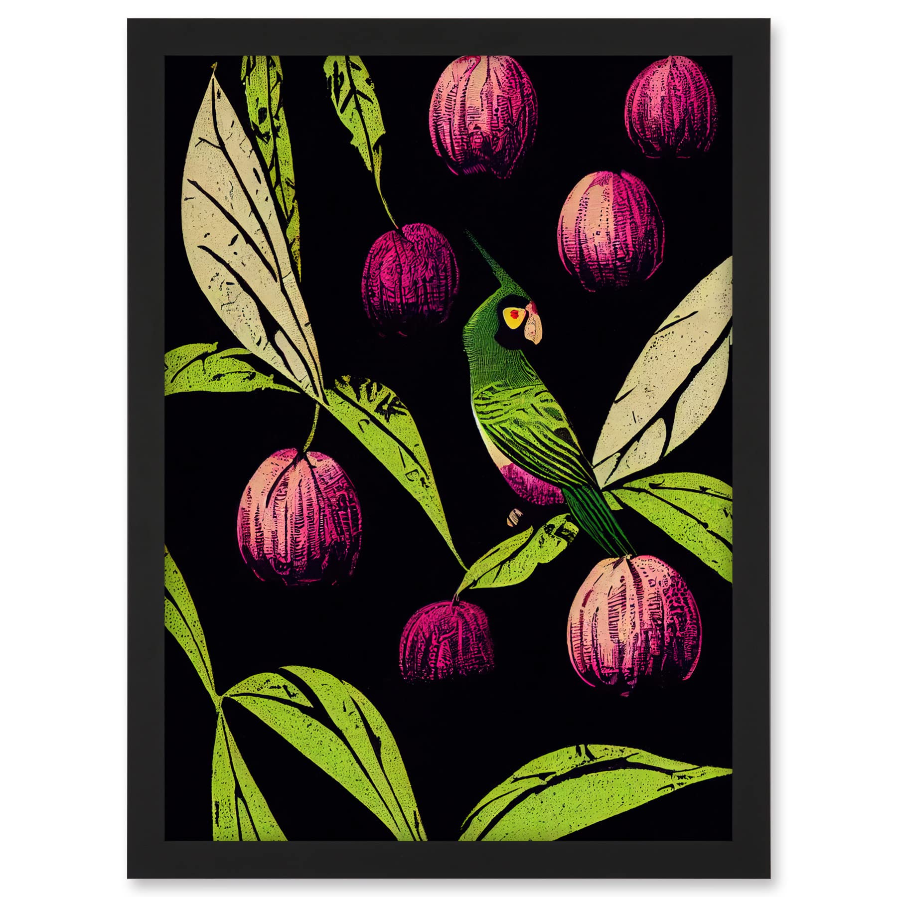 Wee Blue Coo Parrot in Tree Fruit Bright Green and Purple Black Colour Linocut Illustration Modern Vintage Artwork Framed A3 Wall Art Print