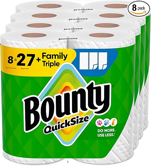 Bounty Quick-Size Paper Towels, White, 8 Family Triple Rolls = 27 Regular Rolls