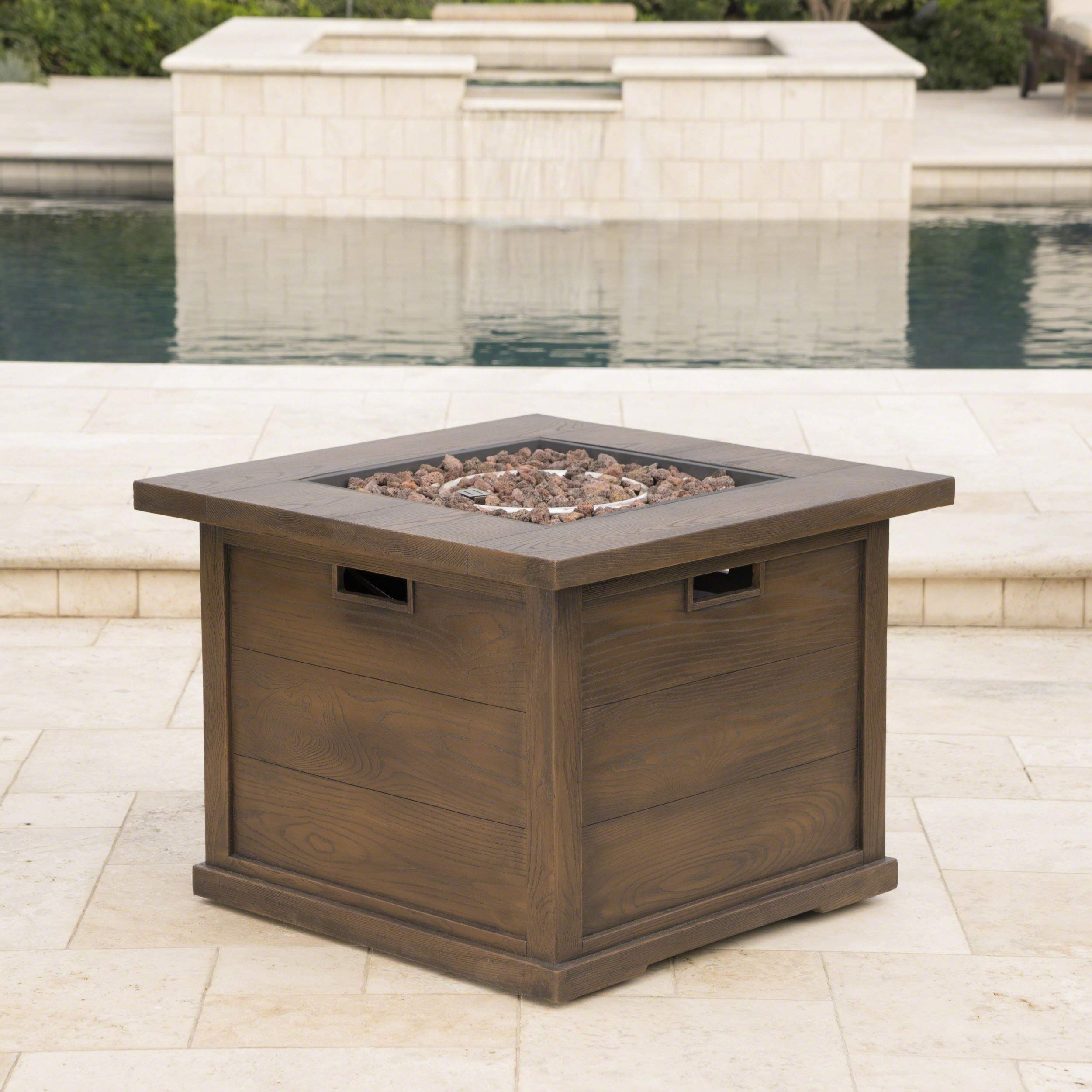 Christopher Knight Home Ellington Outdoor Square Gas Fire Pit, Brown With Wood Pattern