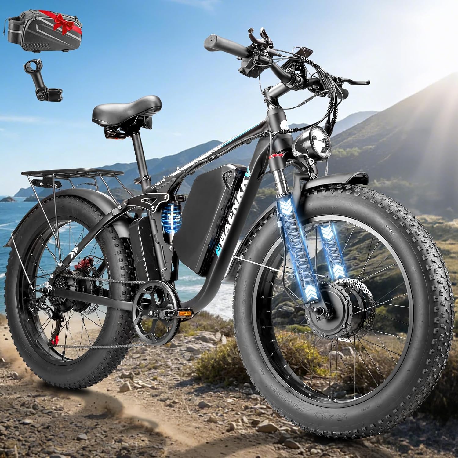 Dual Motor Ebike for Adults, Peak 9000W 52V 34AH Battery, 46MPH Fast Electric Bike for Adults, Up to 105Miles, Hydraulic Disc Brake, Full Suspension, 24" Electric Bicycle for Snow All Terrain