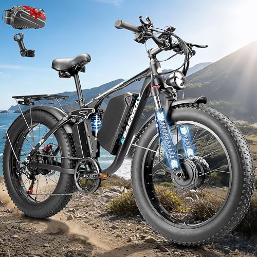 Dual Motor Ebike for Adults, Peak 9000W 52V 34AH Battery, 46MPH Fast Electric Bike for Adults, Up to 105Miles, Hydraulic Disc Brake, Full Suspension, 24" Electric Bicycle for Snow All Terrain