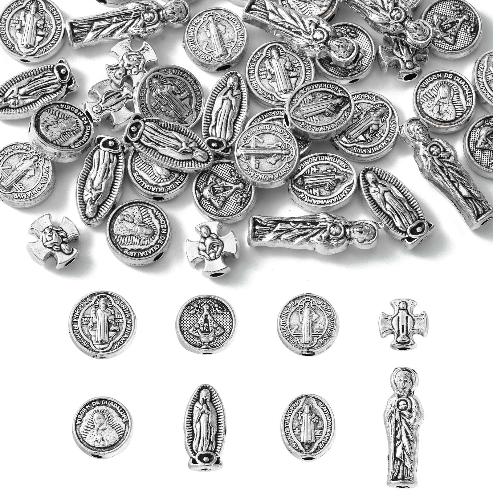 UR URLIFEHALL40 Pcs 8 Styles Tibetan Silver Virgin Mary Beads Religion Jesus Cross Spacer Beads for DIY Jewellery Crafts Gift Decor