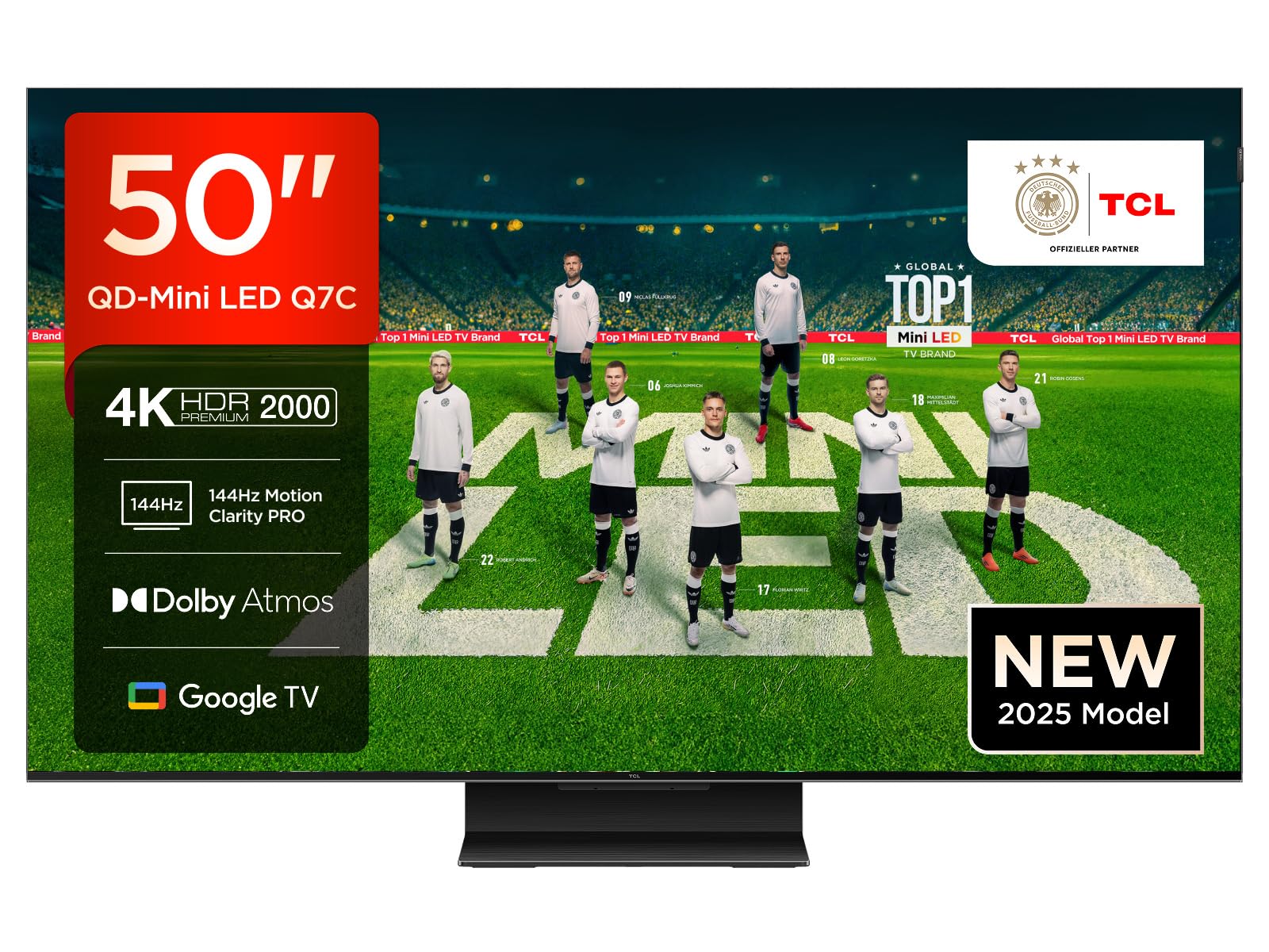 TCL 50Q7C QLED Mini LED Fernseher, 50 Zoll, 4K HDR Premium, Dolby Vision IQ & Atmos, Smart TV mit Google TV, Onkyo 2.0 Sound, 144Hz VRR, AMD FreeSync Premium Pro, HDMI 2.1, AirPlay 2