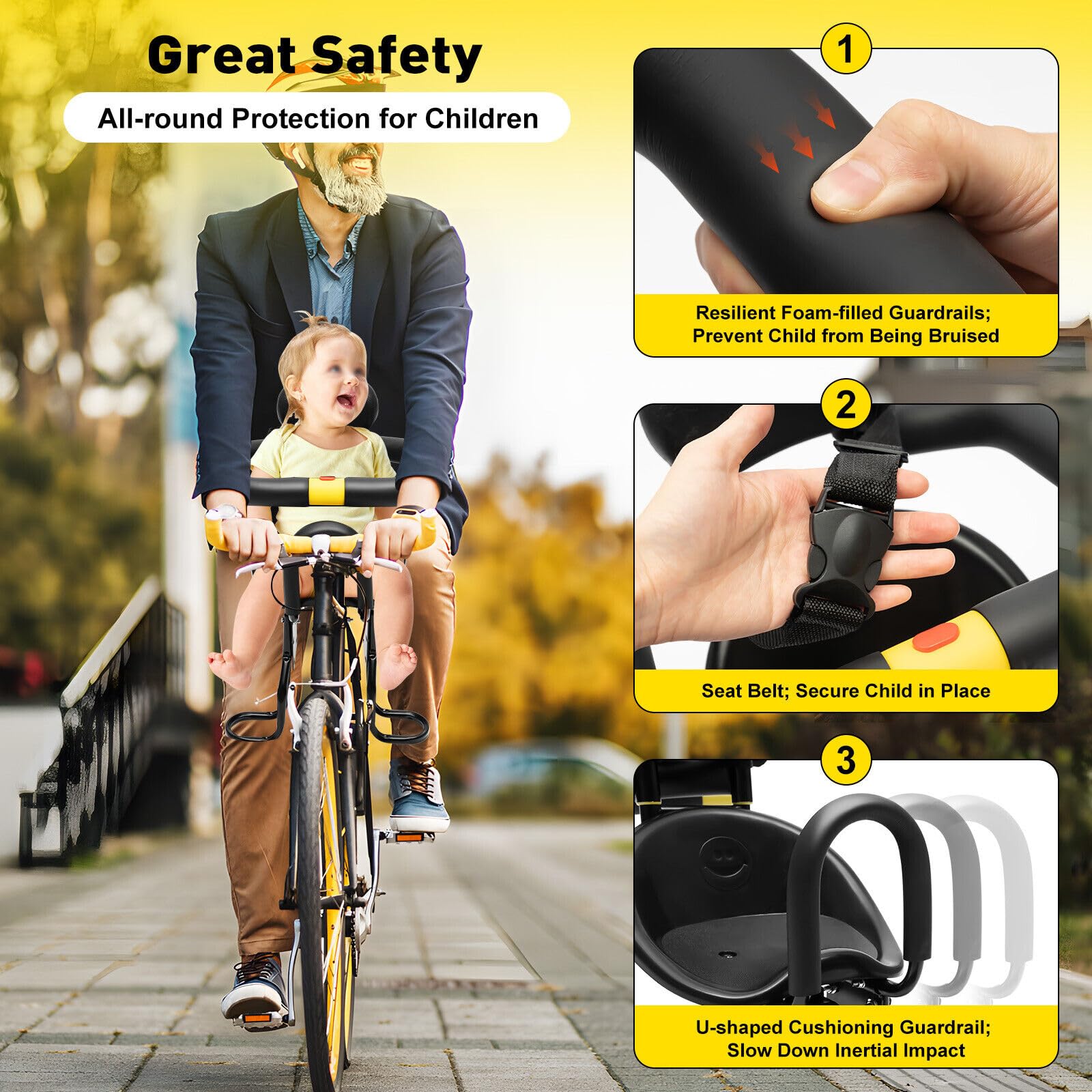 Seggiolino da bicicletta per bambini, con braccioli antiscivolo, rete di protezione e pedali, cintura di sicurezza imbottita