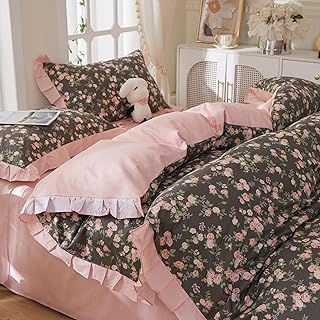 MKXI Queen Vintage Floral Comforter Set – 3-Piece Cottagecore French Country Rustic Boho Farmhouse Bedding with Ruffled Lace, Retro Shabby Chic Reversible Lightweight Bed Set for Girls Women Teens