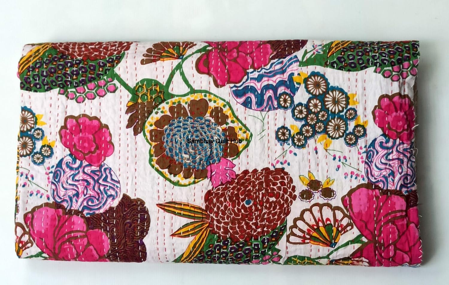 White Fruit Kantha with 2 Pillow Cover Vintage Ethnic Cotton Fruit Kantha Quilt Coverlet Bedspread Patchwork Stitch Blanket Twin/Queen/California King Size (60X90 inch)