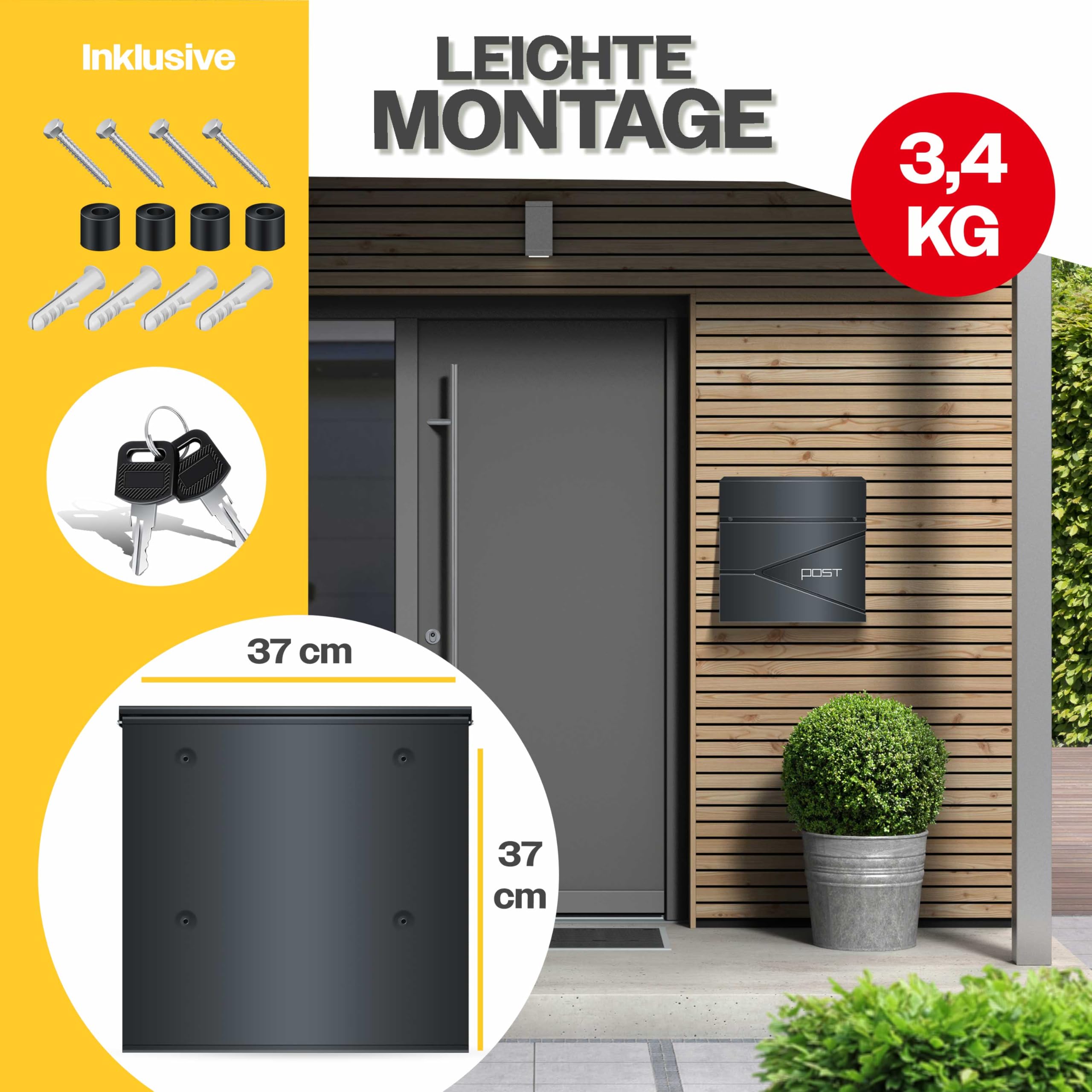 KESSER® Boîte aux Lettres Murale en Acier Inoxydable avec Compartiment à journaux, 2 clés verrouillables, boîte aux Lettres Moderne avec matériel de Montage, Couvercle Softclose, Anthracite argenté