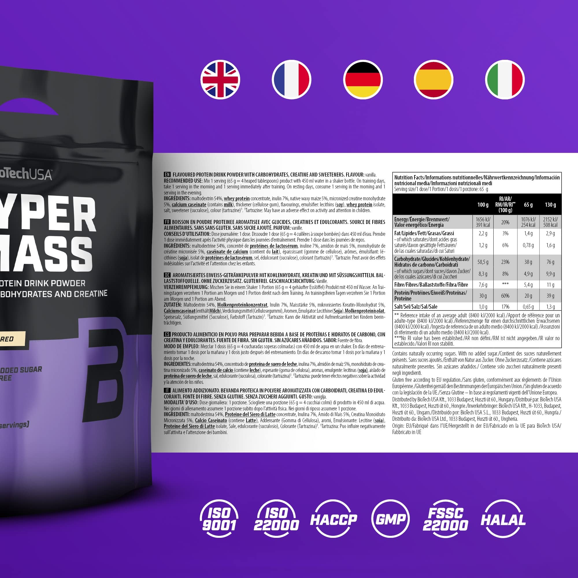 BioTechUSA Hyper Mass | Prise de masse avec mélange de glucides et de protéines | Créatine micronisée | Sans gluten, 6.8 kg, Vanille