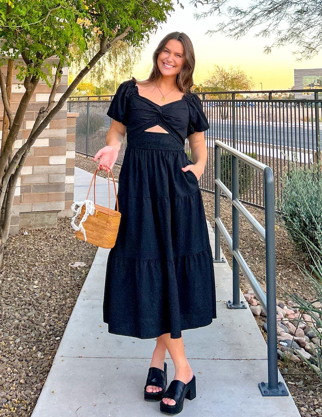 ZESICA Womens Summer Casual Flowy Vacation Maxi Dress 2026 Short Puff Sleeve A Line Smocked Cutout Beach Party Dresses - Image 5