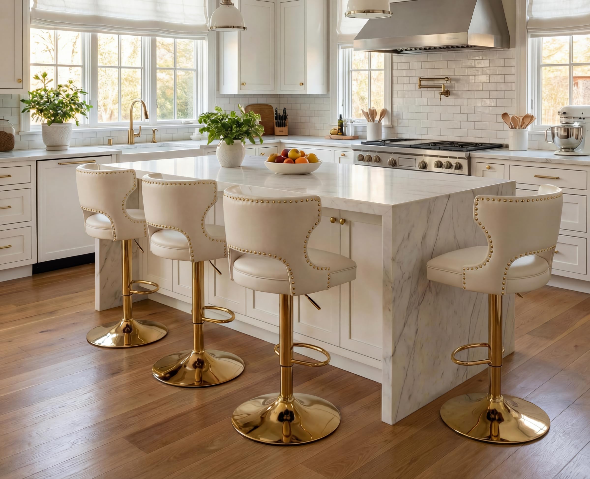 EALSON Leather Bar Stools Set of 4 Swivel Counter Height Barstools with Back Adjustable Bar Chairs with Gold Base Modern Upholstered Kitchen Island