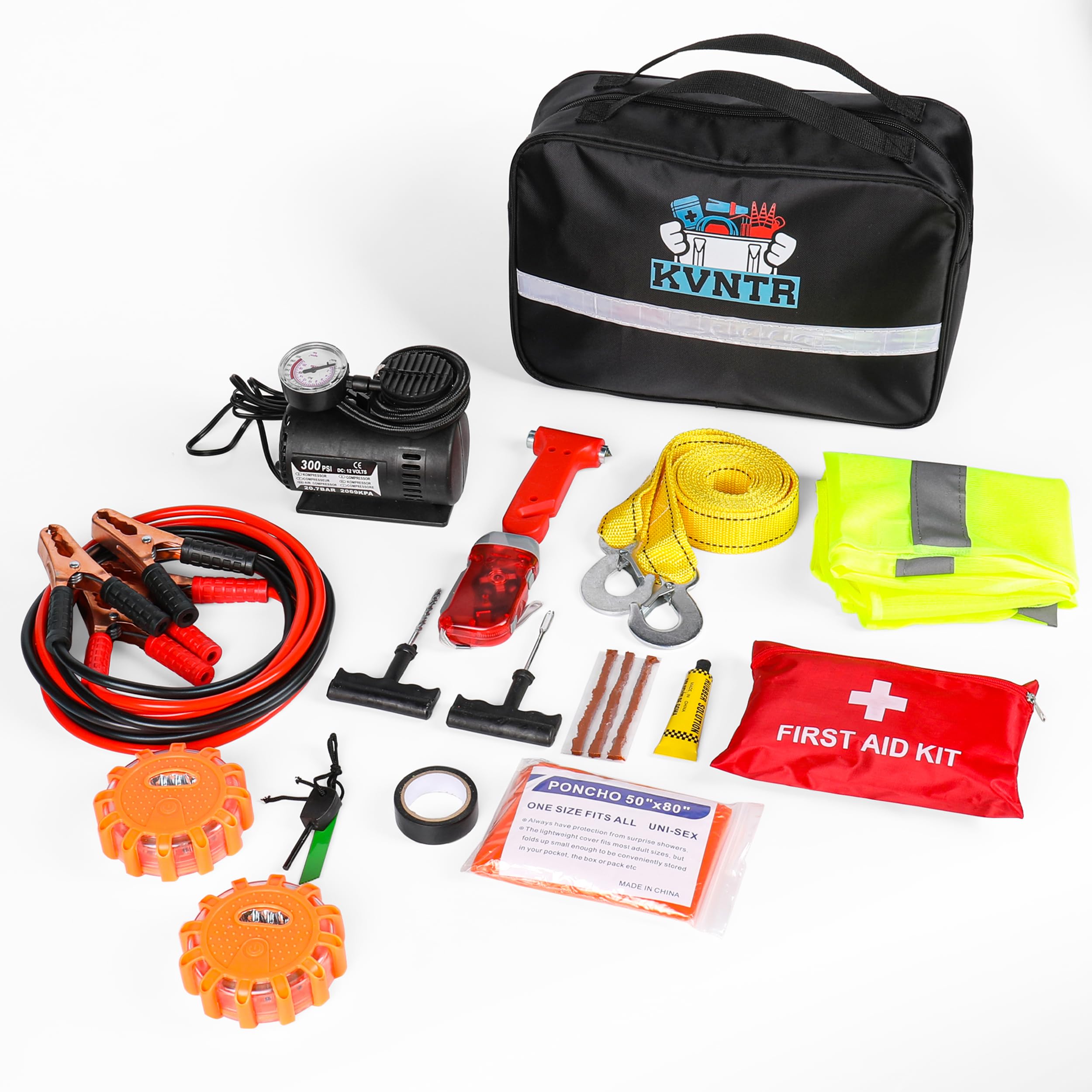 KVNTR Roadside Emergency Car Kit – Emergency Car Kit with Jumper Cables, LED Flares, Tire Inflator, First Aid Kit, Tow Strap & More – Complete Vehicle Safety Kit for Roadside Emergencies