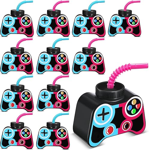 Vista 11 de Mifoci Vasos de plástico para fiestas de videojuegos, 12 unidades, con popote y tapa, 10 onzas, tazas temáticas de cumpleaños para jugadores, Gris
