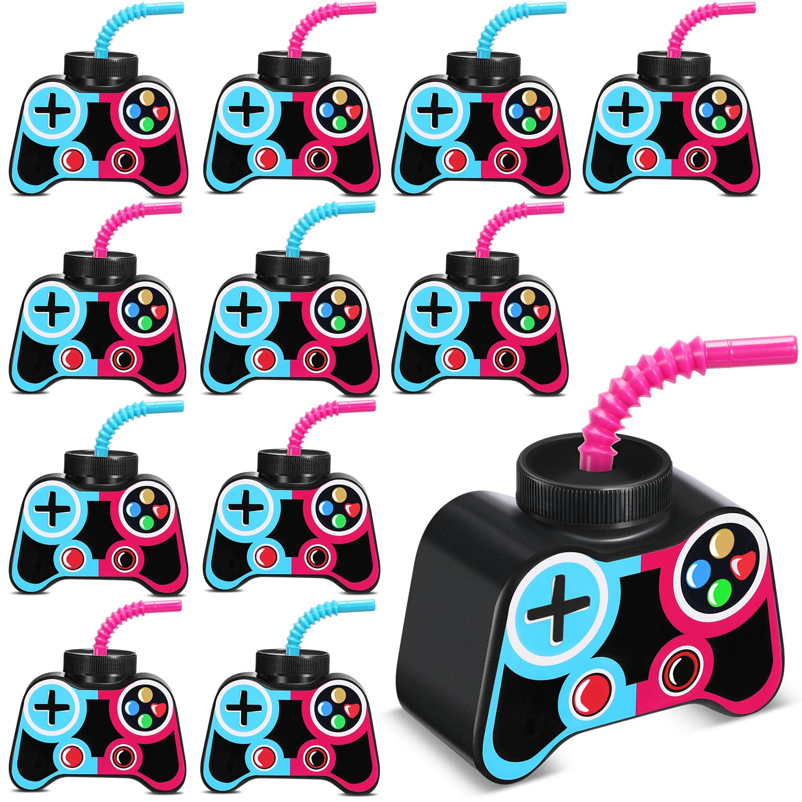 Mifoci 12 Pcs Plastic Video Game Party Cups with Straw and Lid 10oz Gamer Birthday Themed Drink Cups 7th Video Game Party Favors for Kids Toddlers