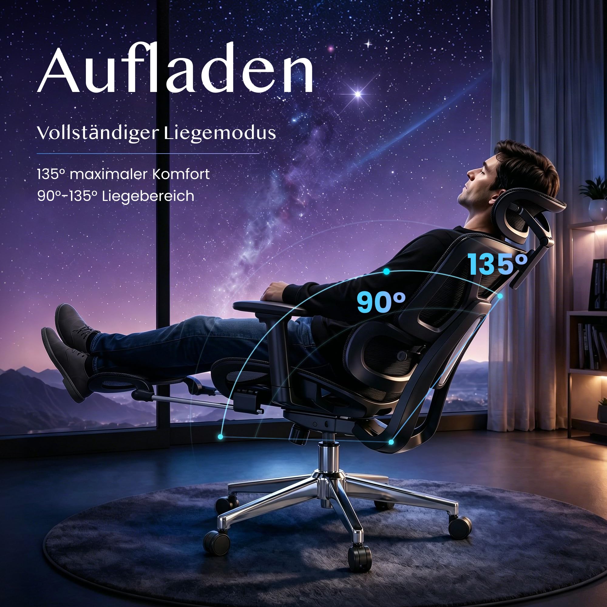 FLEXISPOT ErgoX Ergonomischer Bürostuhl mit Fußstütze Schwarz | 3D-Armlehnen, 3D-Kopfstütze, 5 Fach höhenverstellbare Rückenlehne, Atmungsaktiver Mesh Sitz, Arbeitsstuhl