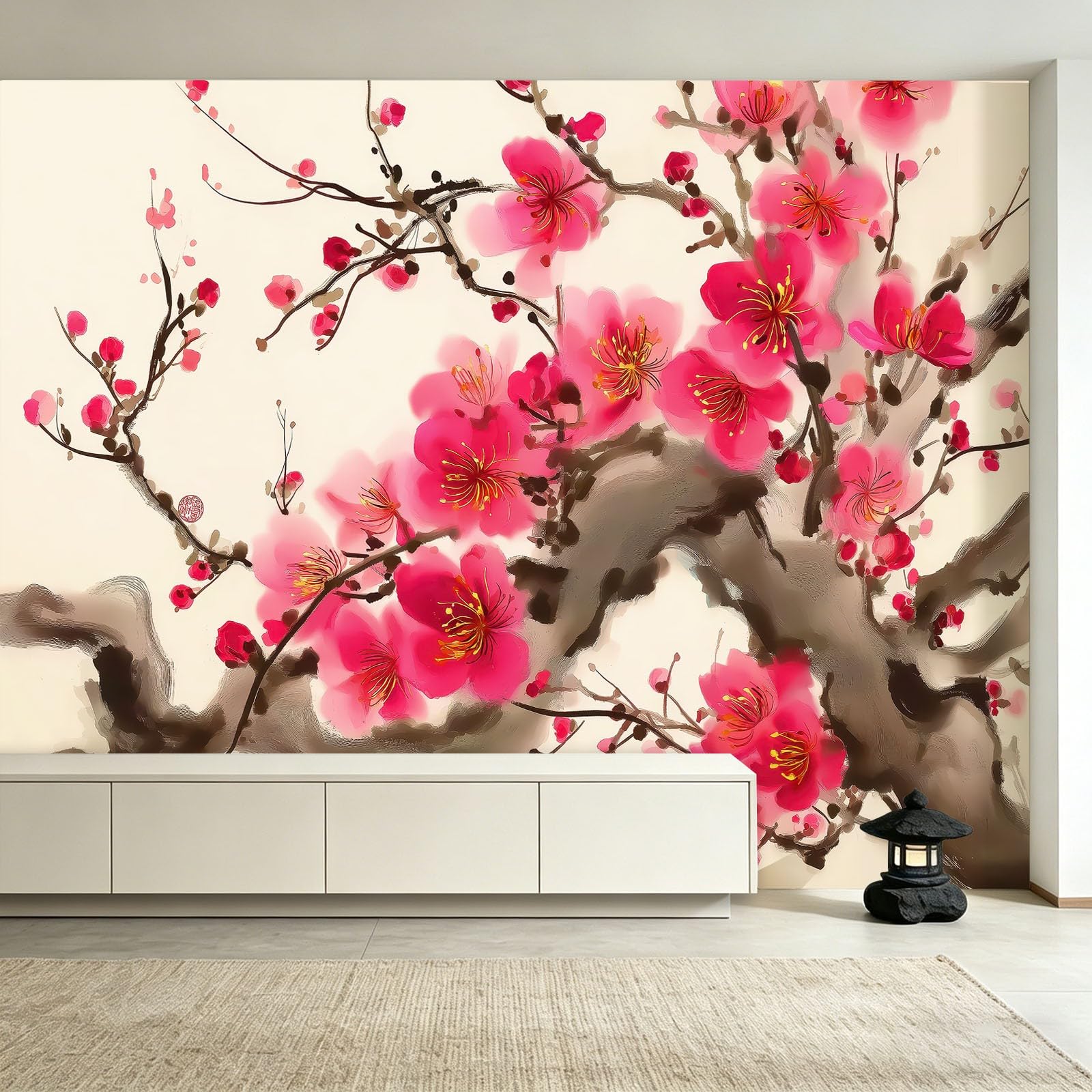Fototapeta 3D – 350 x 256 cm, kwiaty, kwiat brzoskwini, wzór gałęzi, włóknina, wysokiej jakości polar, fototapeta, możliwość prania atramentu, elegancki wzór, do salonu, sypialni, kuchni, korytarza