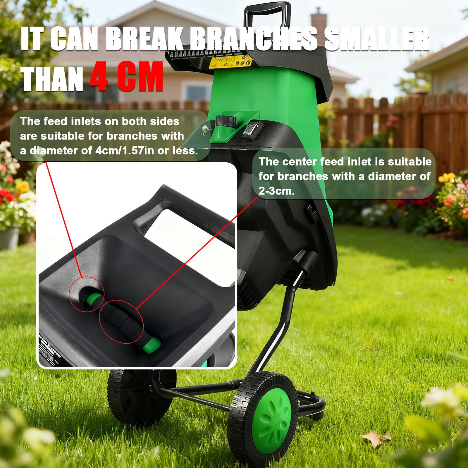 Trituradora De Jardín Eléctrica De 2400 W, con Bolsa Desmontable De 50 L Y 2 Juegos De Cuchillas De Acero Al Manganeso. Tritura hasta 4 Cm De Diámetro Y 4500 RPM