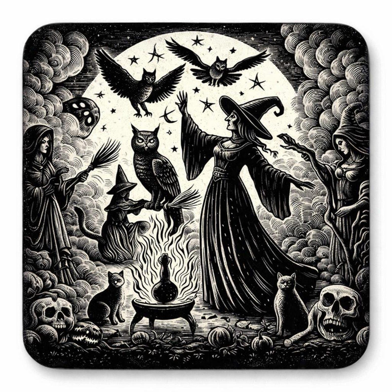 Half a Donkey Witches’ Circle Square Coaster – Gothic Witchcraft Art, Halloween Decor, Black Cat & Owl Design