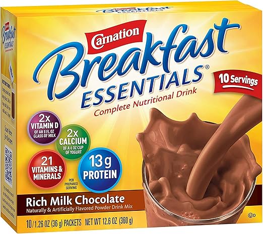 Carnation Breakfast Essentials Powder Drink Mix, Rich Milk Chocolate, 10 Count Box of Packets