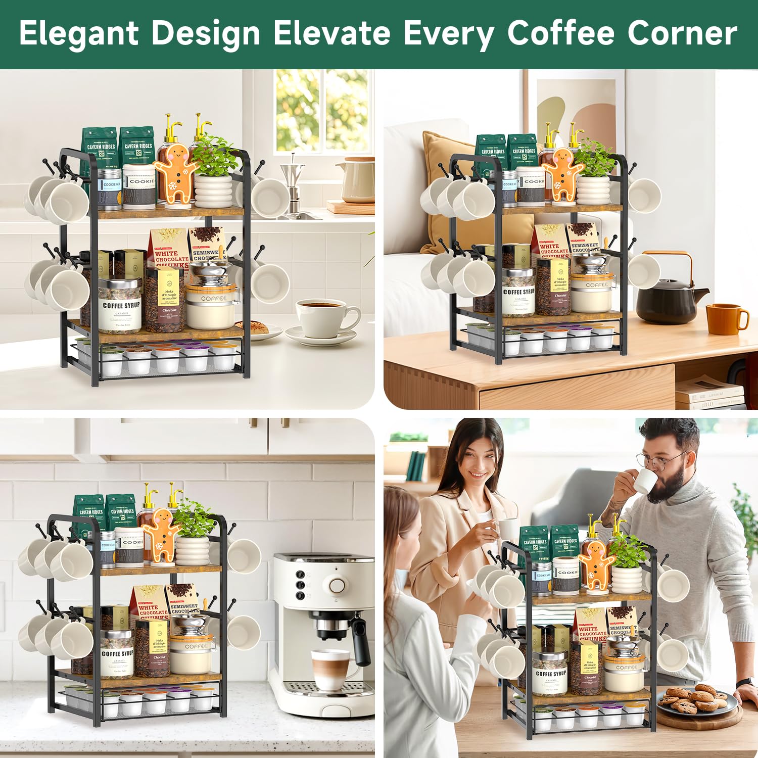 EsLuker.ly Organizer da bar con ripiano per tazze da lavoro, supporto per tazze da caffè a 3 livelli con 12 ganci per casa e ufficio, cassetto organizer per capsule K Cup, mantiene gli oggetti