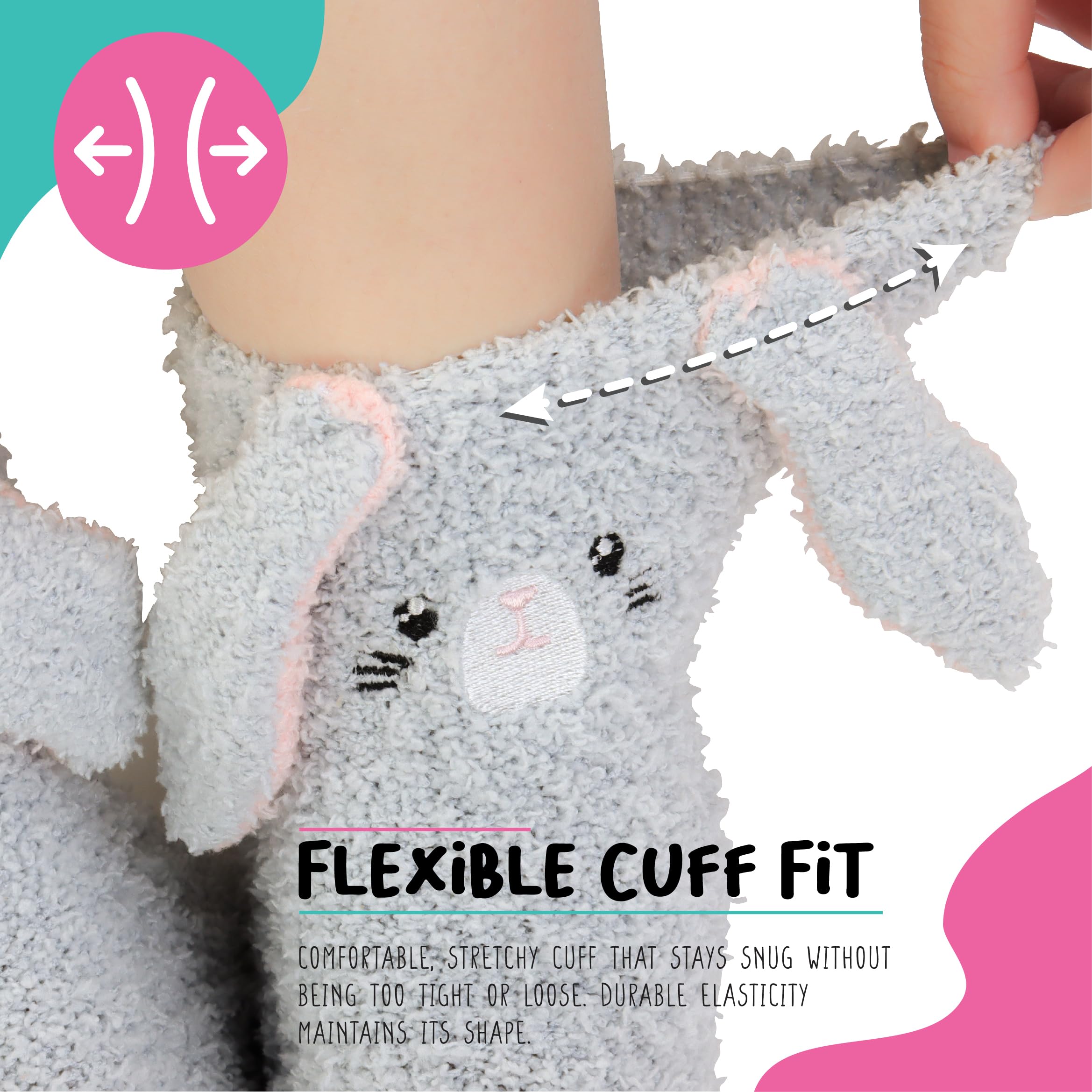 POPCRAZE - Cute Fuzzy Socks Women Bunny 3D Animal Character - Fluffy Cozy Sleep Slipper Socks Winter Warm Gift Size 5-9: Gray