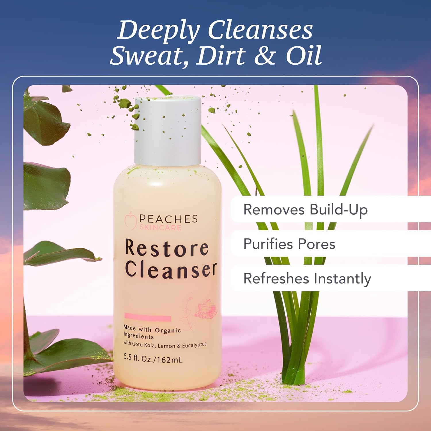 Peaches Skincare Post-Workout Vegan Face Wash with Gotu Kola, Lemongrass, and Eucalyptus – Gentle Daily Face Wash for Sweat and Oil Buildup – Restore Cleanser for All Skin Types 5.5 oz - Image 3