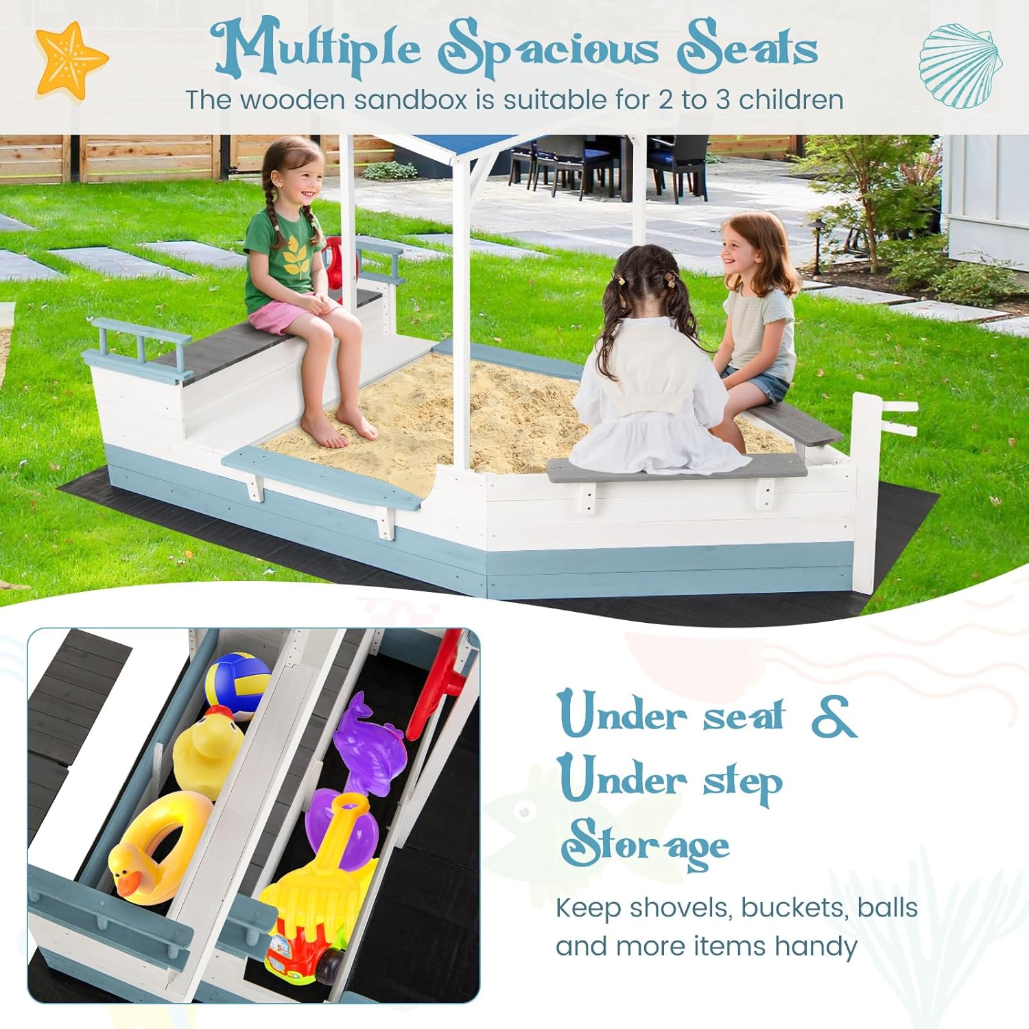 HONEY JOY Pirate Ship Kids Sandbox, Wooden Sand Box w/Storage Bench, Seat, Ground Liner, Sandpit Boat w/Rudder, Buoy, Realistic Flag, Children Outdoor Furniture for Backyard, Lawn, Garden