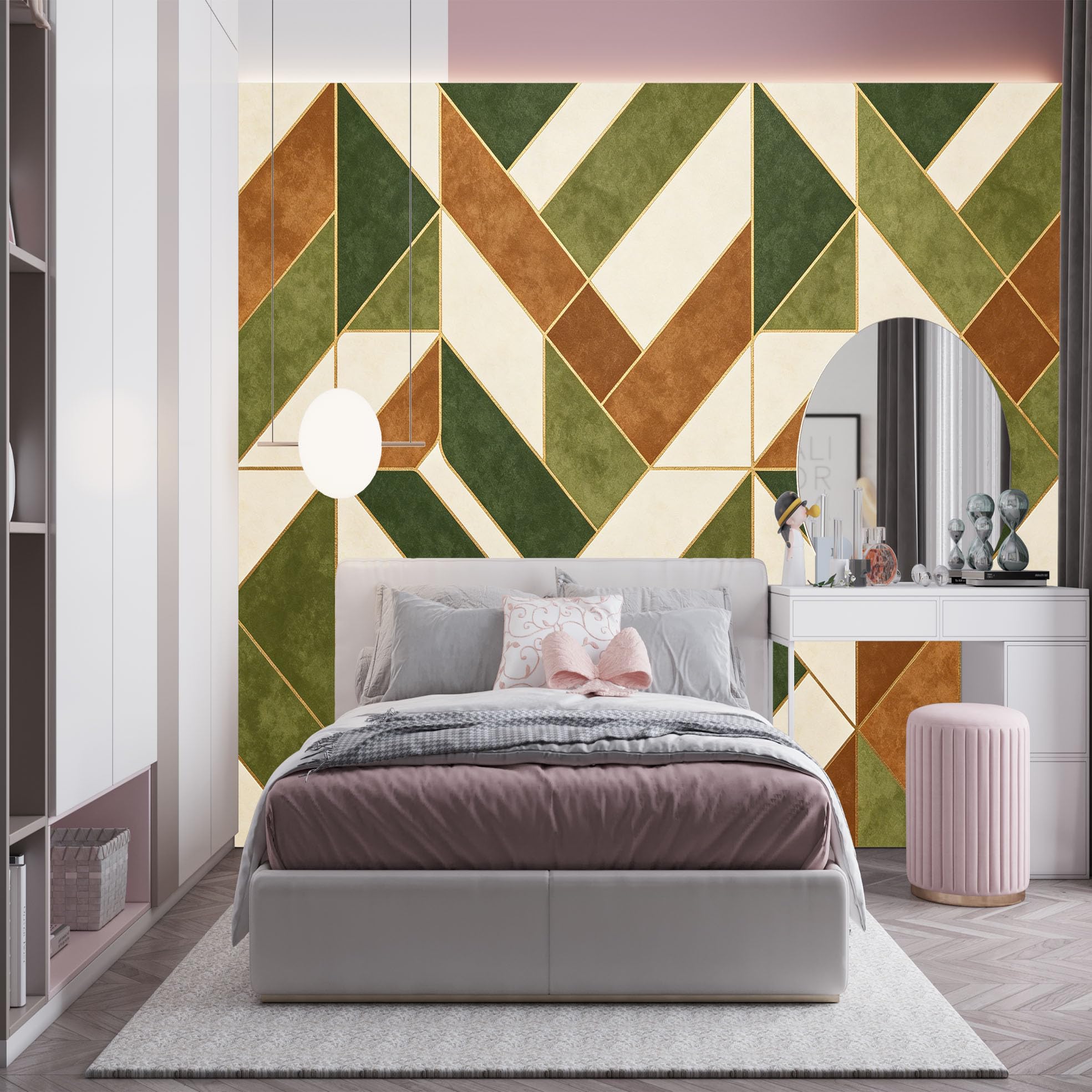 Genérico Papel Pintado Geométrico Verde Nórdico Sencillo, Autoadhesivo, De Gran Gramaje, Estilo Bohemio, Para Dormitorio, Sala De Estar Y Decoración Del Hogar. 260 Cm (Alto) X 420 Cm (Ancho).