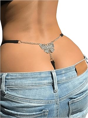 RoseSeek Women's Sparkling Butterfly Chain Underwear Low Rise Cheeky G String Panty