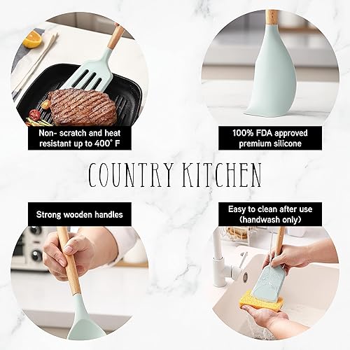 Miniatura 2 de Country Kitchen Utensilios de cocina de silicona, juego de utensilios de cocina de 14 piezas, utensilios de cocina de madera fáciles de limpiar,