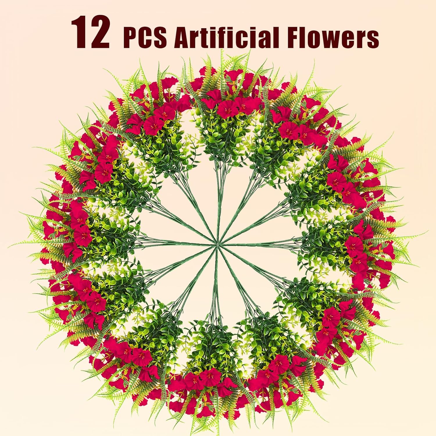 Artificial Flowers for Outdoors 12 Bundles Artificial Petunias Fake Flowers UV Resistant Shrubs Plants with Fern for Indoor Outside Hanging Planters Home Garden Summer Decorations(Rose Red) - Image 8