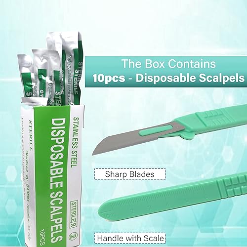 Miniatura 2 de Cuchillas de bisturí desechables #14 hechas de acero inoxidable templado, caja de 10 cuchillos de bisturí estériles con mango de plástico, bolsas