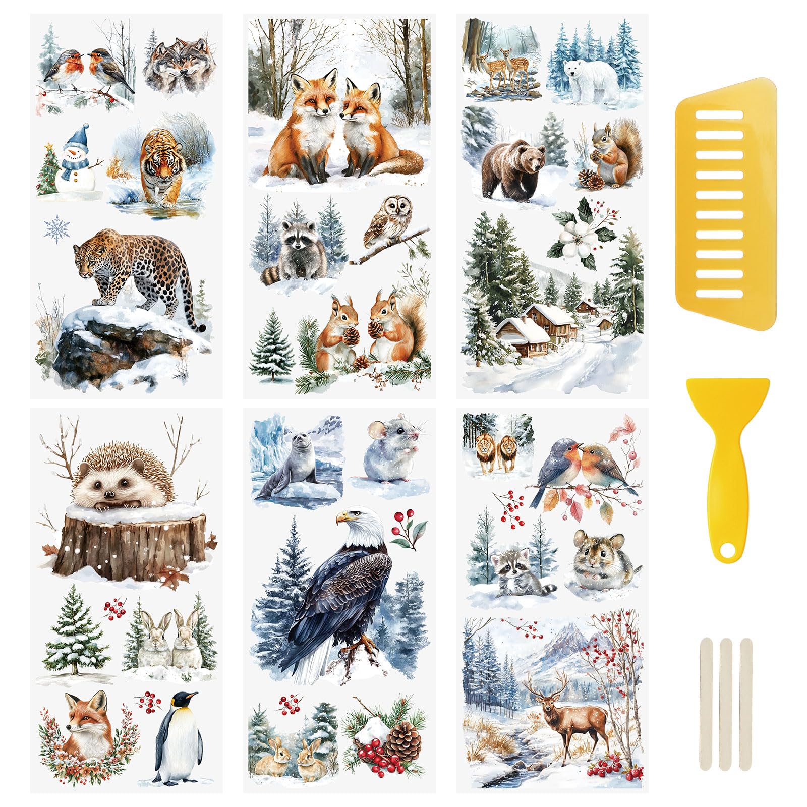 WANDIC 3 Sheets Rub on Transfers Stickers for Furniture Winter Animal Theme Christmas Transfer Decals for DIY Crafts Scrapbooks Photo Albums Decoration,15 * 30cm