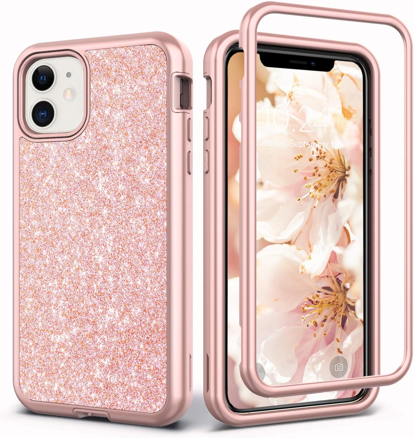 Coolwee Glitter Full Protective Case for iPhone 11 Heavy Duty Hybrid 3 in 1 Rugged Shockproof Women Girls Rose Gold for iPhone 11 6.1 inch Shiny Bling