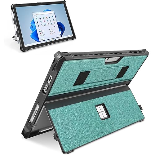 Case for 12.3" Microsoft Surface Pro 7+/7/6/5/4/Pro LTE Protective Rugged Cover Case, with Stylus Pen Holder and Hand Strap, Compatible with Type Cover Keyboard, Cyan