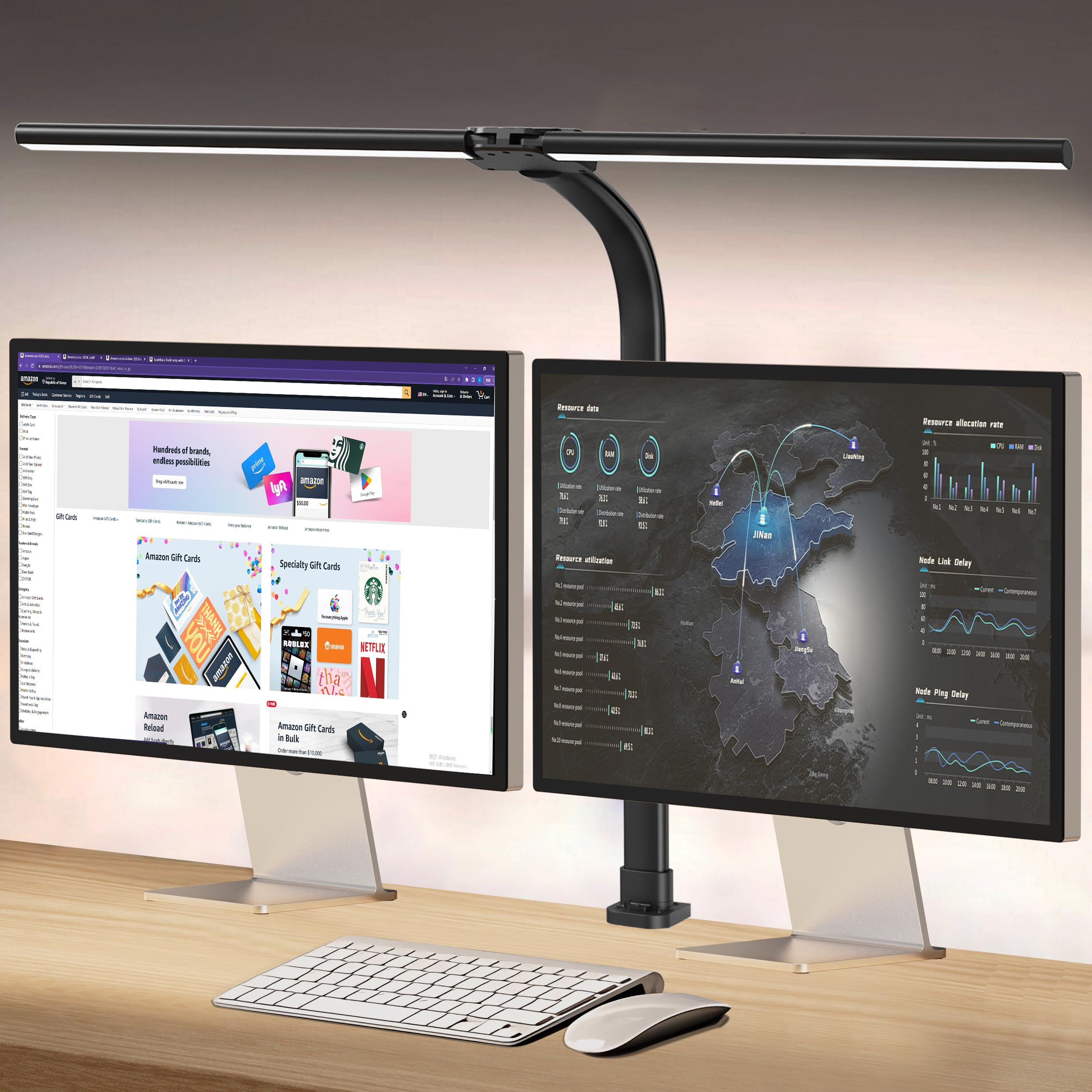 tantu Lampada da scrivania a LED dimmerabile, lampada da scrivania con ricarica wireless da 15 W e funzione di ricarica USB, 24 W 80 cm, lampada da scrivania a doppia testa, 5 colori, 5 livelli di