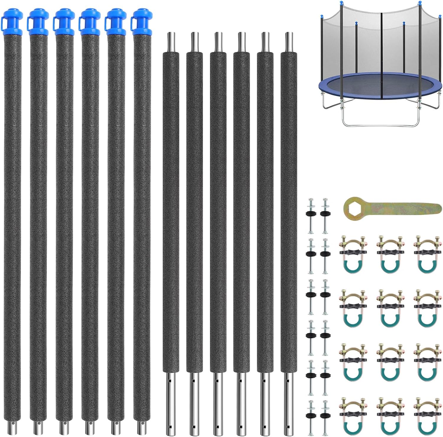 FAHKNS 6PCS Trampoline Replacement Curved/Straight Poles, Universal Enclosure Pole for 8-16FT Trampoline Frame, with Foam Sleeve & Hardware, 2 Installation Ways
