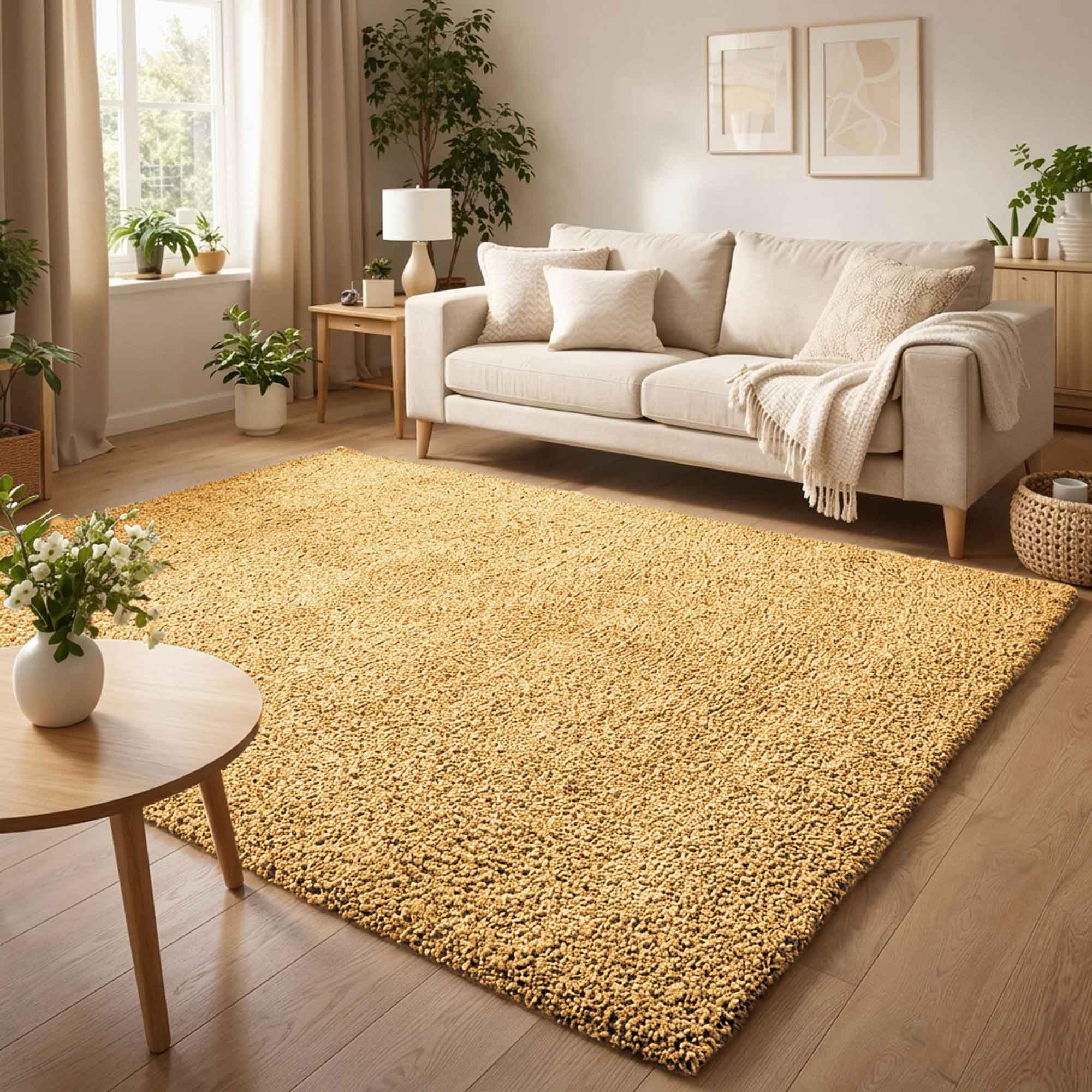 Ainsley Plain Soft Shaggy Modern Living Room Area Rug, Gold, 60x110cm