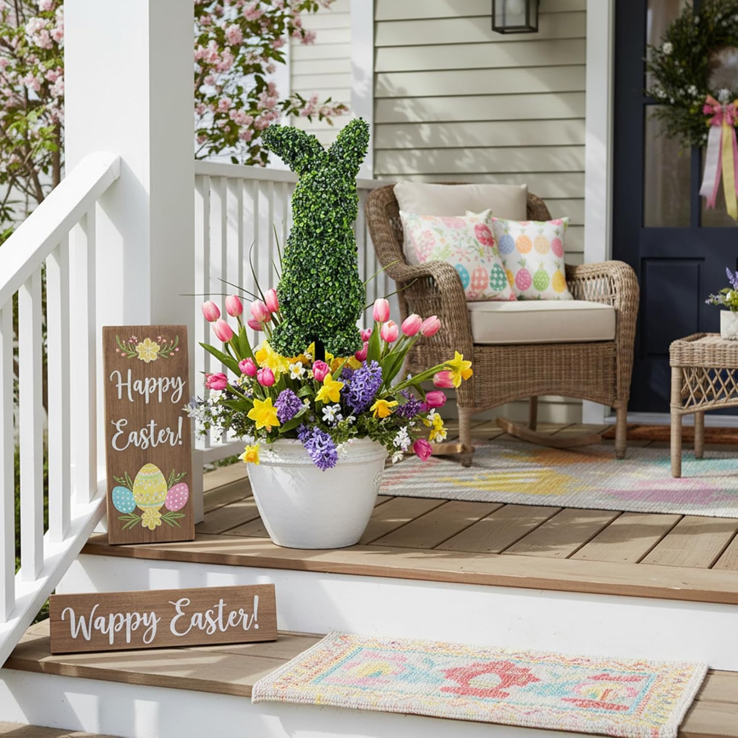 Easter Bunny Topiary Lifelike Artificial Boxwood Bunny Topiary Outdoor for Porch Decor 28.7 Inch Green Planter for Easter Decorations